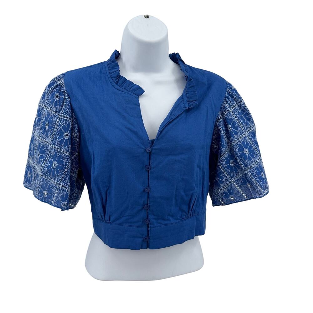 Solitaire Crop Top WMNS S Blue Button Up Ruffle Trim Floral Embroidered Sleeve